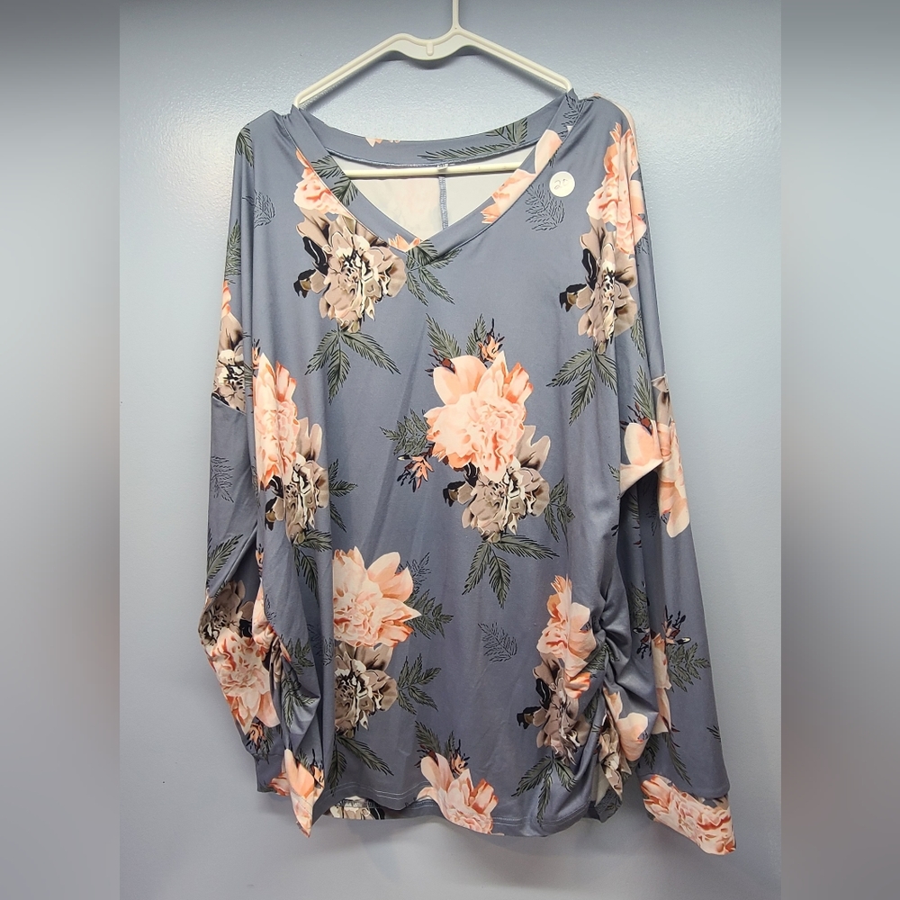 Onlyshe Floral V-neck Long sleeve Tunic with cinched sides, 3X (fits like 2x).